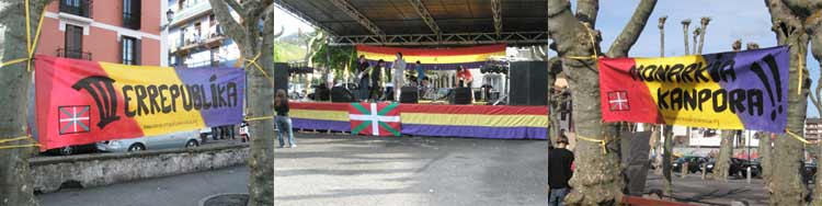 Pancartas y escenario en la Plaza Urdanibia